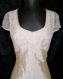 Helena Sorel Irridescent Beige Lace Trim Dress 40 New Embroidered Long