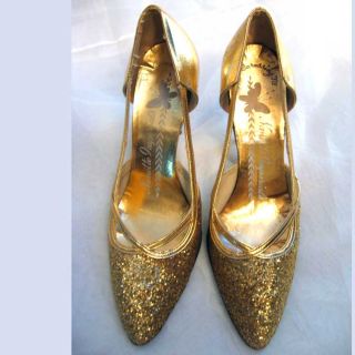 Vintage 50s Gold Bombshell Dress Party Swing Heels 6 7