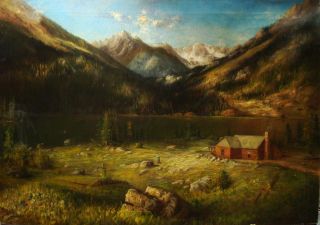  19th Century American Black Lake Colorado Antique Oil Painting HEFFNER