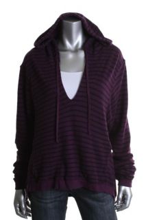 Hard Tail New Purple Striped Split Neck Long Sleeves Hooded Sweatshirt