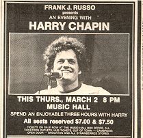  Harry Chapin 1978 Ad Music Hall Boston