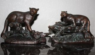 Henry H Van Wolf Pair of Mountain Lions Bronze Statues Set Signed