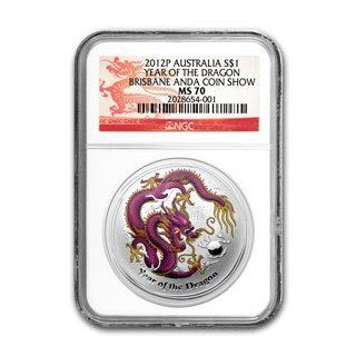 2012 1 oz Australia Silver Purple Dragon NGC MS70, Brisbane ANDA Coin