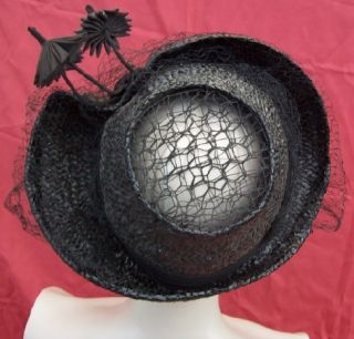 Fabulous 40s Black Vintage Hat Unique Net Floral Trim Designer Studio