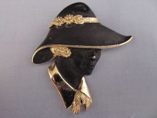  Black Enamel Figural Face Hat Brooch Pin Goldtone Vintage