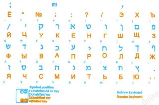 Hebrew Russian Sticker Keyboard Trans Blue Yell Letter
