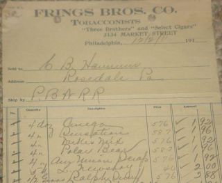 Frings Brothers Tobacco Philadelphia Billhead 1911