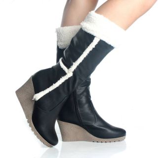  Wedge Boots Winter Fur Shearling Black Platform High Heel Shoes Size 9