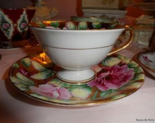  CUP & SAUCER hand painted shabby PINK ROSES~TEACUP~24KT Gold~highmount