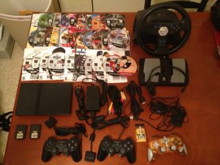 Sony PS2 w/3 Controllers, Racing Wheel, Headset, 2 Memory Cards, and