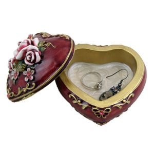 Victorian Pink Rose Heart Shaped Trinket Jewelry Box Burgundy Red 3