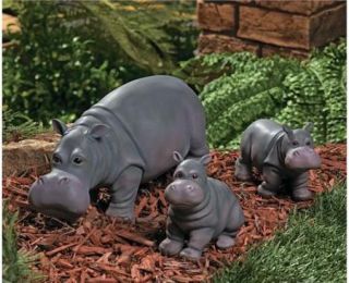 Hippo Garden Statues Mom Babies Hippopotamus Lawn Decor