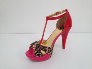 New G by Guess Red Pink Harty Patent Cheetah Platform Pumps All Sizes