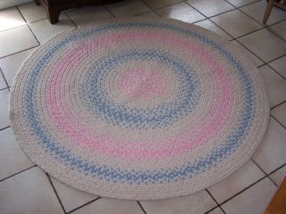 No Reserve Wool Braided Rug Round Pink Blue Reversible 5 ft Across