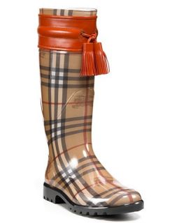 Brand New Burberry Wharton Haymarket Tassel Rain Boots Size 8 in