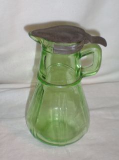 Vintage Hazel Atlas Green Glass Syrup Pitcher Metal Lid Depression