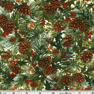 45 Wide Pine Boughs Cream Fabric By The Yard: Arts