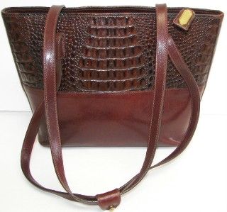 Vintage Brahmin Brown Thick Leather Croc Ziptop Two Strap Tote Bag U s
