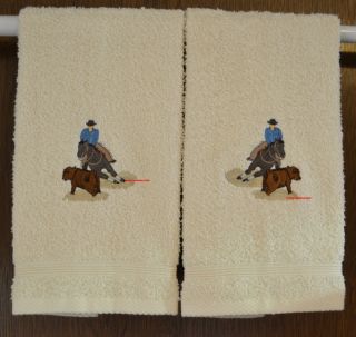 Cutting Horse 2 Embroidered Hand Towels by Susan