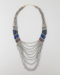 Long Multi Strand Beaded Necklace, Gunmetal/Blue/Purple