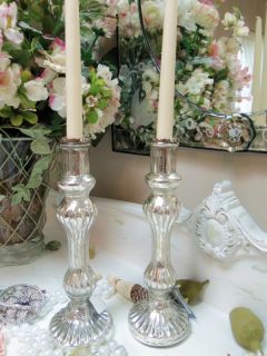 Cottage Style Set of Tapered Silver Mercury Glass Candelsticks