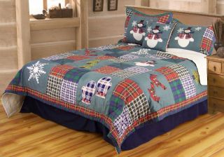 MERRY CHRISTMAS CABIN COZY RED BLUE PATCHWORK TWIN BEDDING SET