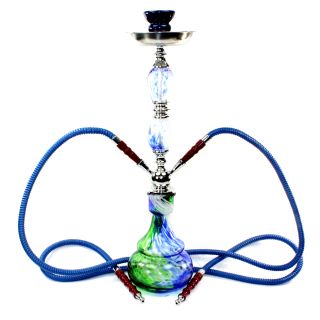22 Blue Swirl 2 Hose Hookah Shisha Water Color Stained Glass Vase w