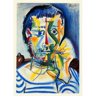 1966 Print Pablo Picasso Blue Smoker Man Portrait Beard