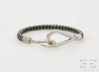 Hermes Black Grey Woven Leather Silver Jumbo Hook Bracelet