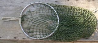 Old Metal Hoop Fishing Net with Macrame Handle Green Netting