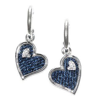 Sterling Silver Denim Dangling Heart 0.01 ct Diamond Earrings Jewelry