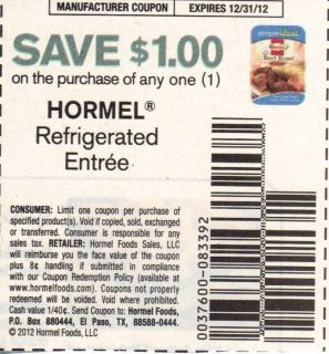 11 $1 00 1 Hormel Refrigerated Entree Coupons  for 3 Won