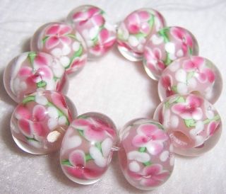 10pcs Pink Handmade Lampwork Glass Beads Blossom Flowers H01