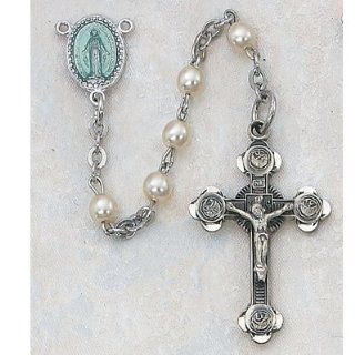 STERLING SILVER IMMITATION PEARL ROSARY ENAMELED