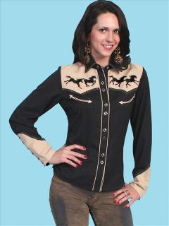 PL 762 Scully Western Cowgirl Rodeo Snap Shirt Horse Embroidery Black