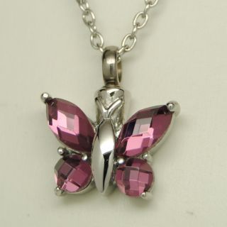 Sparkling Pink Butterfly Cremation Urn Necklace Stainless Cremation
