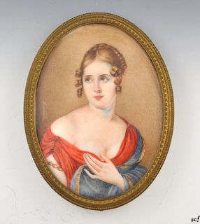 French Hand Painted Antique Portrait on Bone Oval Brass Frame C 1800s