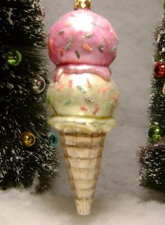 Pink Ice Cream Waffle Cone Glass Christmas Tree Ornament w Sprinkles