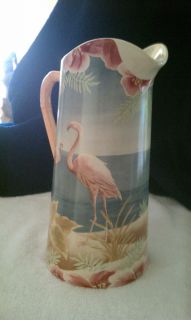 Pitcher with Pink Flamingos An Beach Water Sand An Hibiscus Flowers