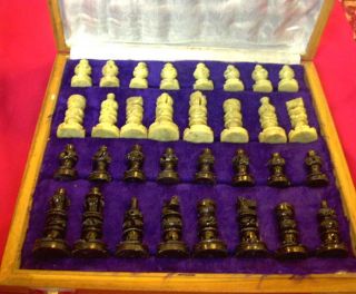 Hand Carved Indian Stone Chess Set w Folding Marble Top Board Large 10