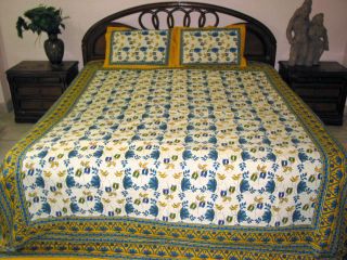 100 Cotton Bedspread Block Print Indian Bedding 3pc White Blue Bed