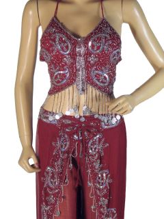Burgundy Belly Dance Dress Dancewear Gypsy Tribal Coin Bra Costume