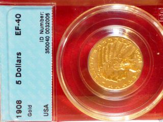1908 Indian Head 5 Dollars Gold Coin Slabbed See Pictures