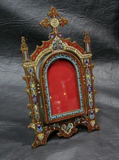 Antique French IHS Religious Picture Frame Bronze Enamel Cloisonne