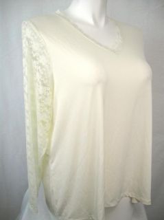 Susan Graver Size 3X Liquid Knit V Neck Top with Lace Sleeves in Ivory