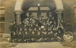 IA Iowa City Marching Band Posing on Steps Instruments RPPC mailed