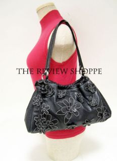 Isabella Fiore Small Gathered Flower Leather Hobo Purse Bag Black