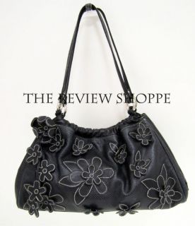 Isabella Fiore Small Gathered Flower Leather Hobo Purse Bag Black