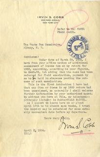 Irvin Cobb American Author Authentic Autographed Letter