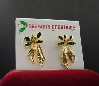 Ivy Enamel Christmas Ribbon Gold GP Post Earrings